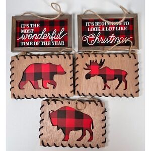 Wood Leather Plaid Christmas Ornaments Bear Moose Buffalo Cabincore Set of 5 NEW